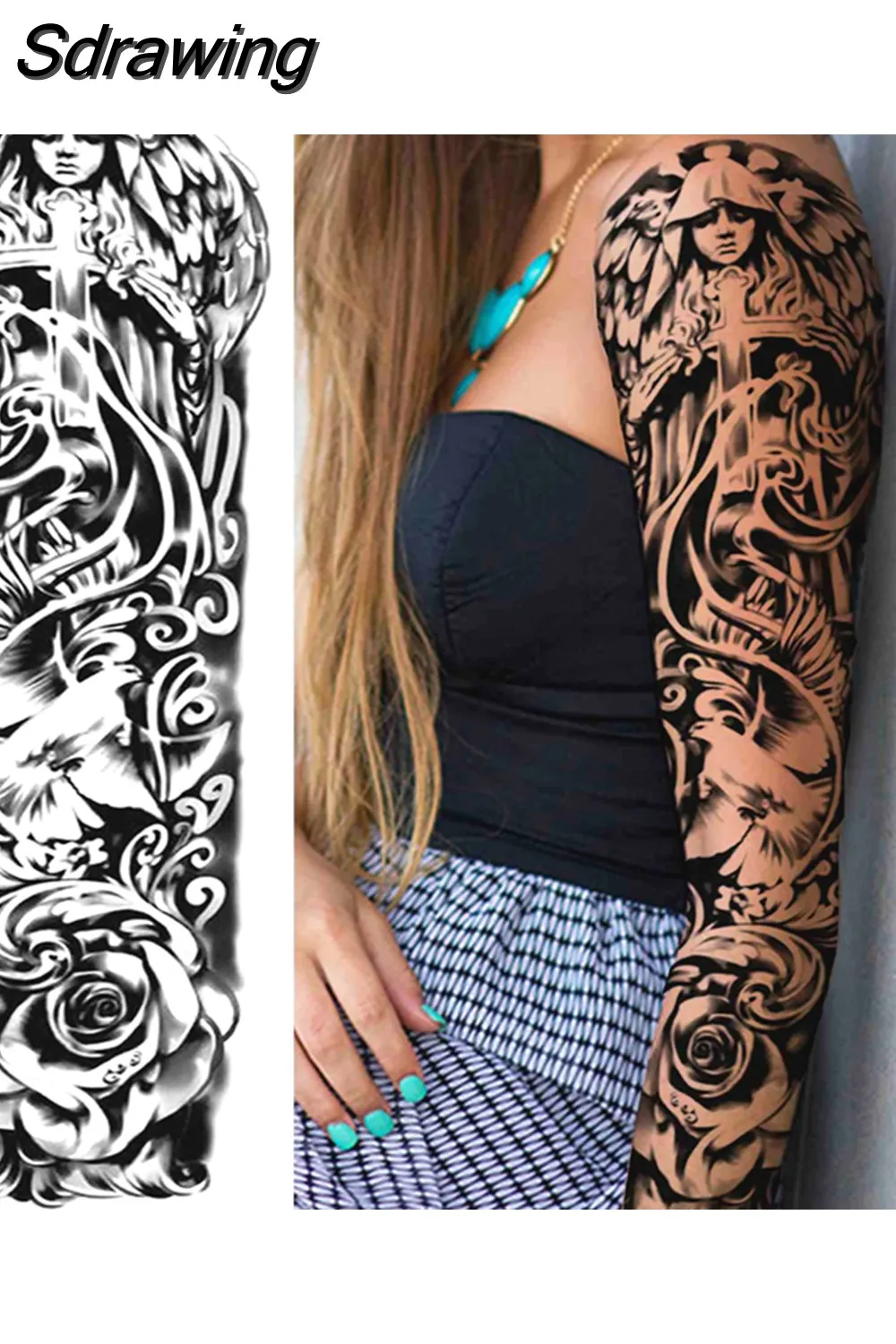 Sdrawing Arm Temporary Tattoos Sleeve For Men Women Realistic Fake Tatoos Warrior Lion Tiger Flower Tatoo Sticker Black Totem Maori 507-1
