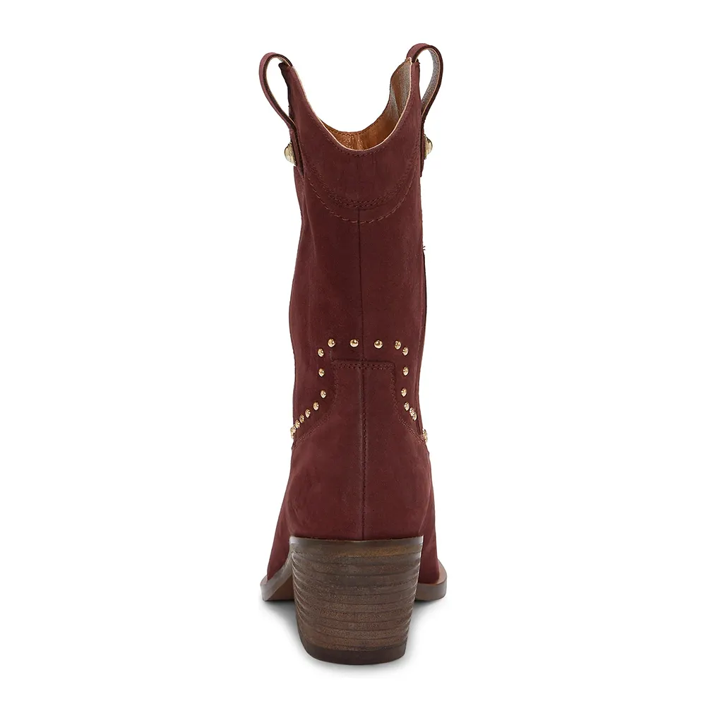 Maroon Vegan Suede Square Toe Studded Western Boots for Women