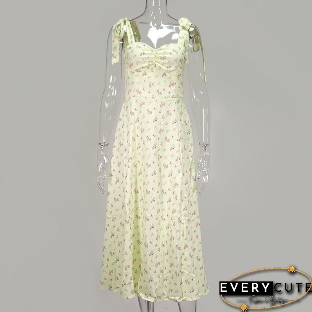 Floral Print Cottagecore Sleeveless Strap Midi Dresses Party Club Sexy Backless Elegant Split Dress Women Vestidos