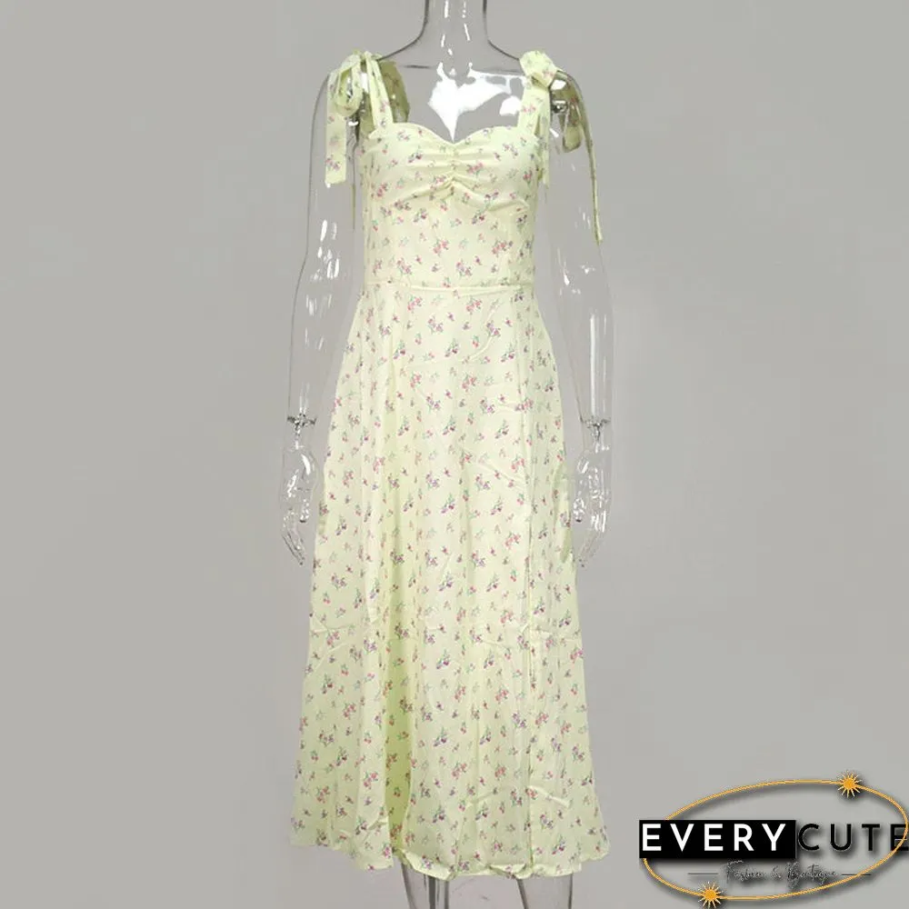 Floral Print Cottagecore Sleeveless Strap Midi Dresses Party Club Sexy Backless Elegant Split Dress Women Vestidos