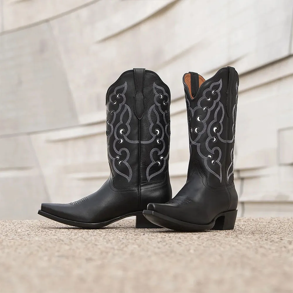 Black Snip Toe Chunky Heel Cut Out Embroidered Cowboy Boots for Women