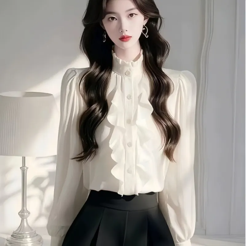 Athvotar Athvotar Chic Lace Splicing Long-Sleeved Shirt Early Spring Super Good Single-Dnecked Shirt Temperament Blouse Women's Clothing
