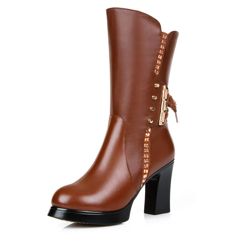 Designer Zipper High Heels Shoes Women 2021 Winter Fashion Party Pumps Sexy Boots New Mid Calf Chunky PU Leather Chelsea Botas
