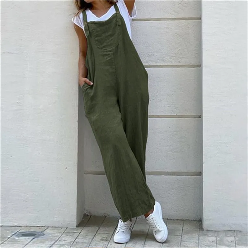 Women Suspender Rompers Overalls 2021 Vintage Jumpsuits Playsuits Long Pockets Wide Leg Pants Combinaison Oversize