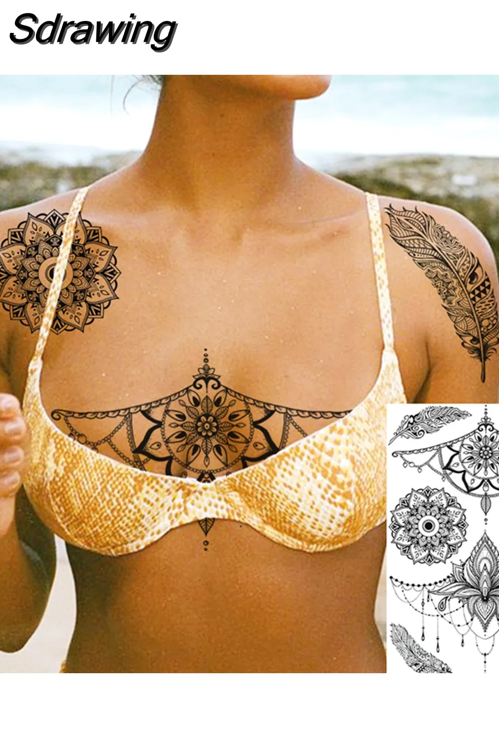 Sdrawing Peony Flower Temporary Tattoos For Women Adults Realistic Compass Moon Pendant Fake Tattoo Sticker Arm Body Tatoos 507-1