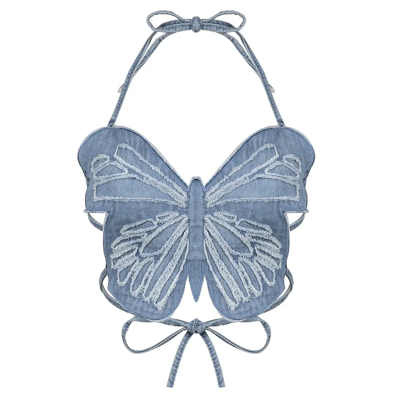 Rapcopter y2k Butterfly Jeans Crop Top Backless Strap Camis Sexy Blue Cute Party Sweats Women Beach Holiday Mini Vest Summer Tee