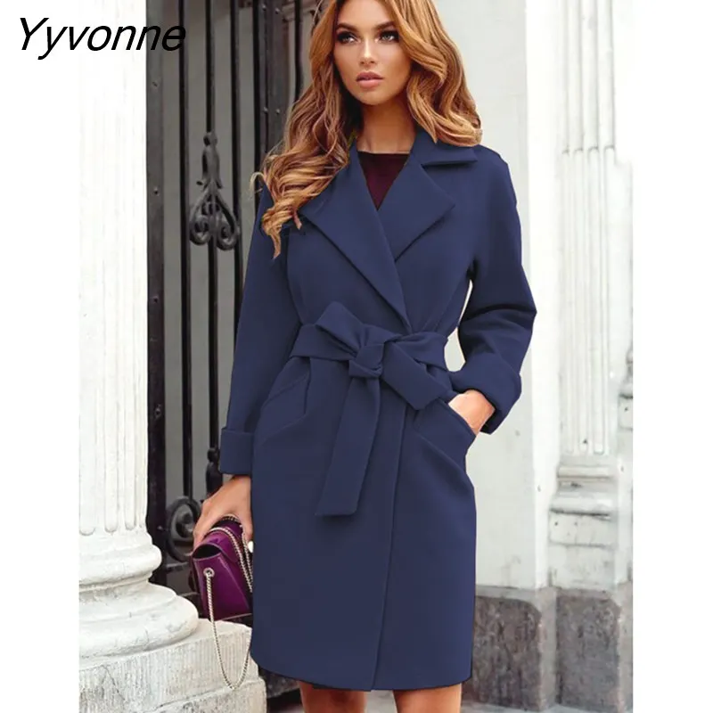 Yyvonne Office Lady Woolen Women's Coat Warm Jackets Outwear Top With Belt Outdoor Party Turndown Collar Long Overcoat Winter
