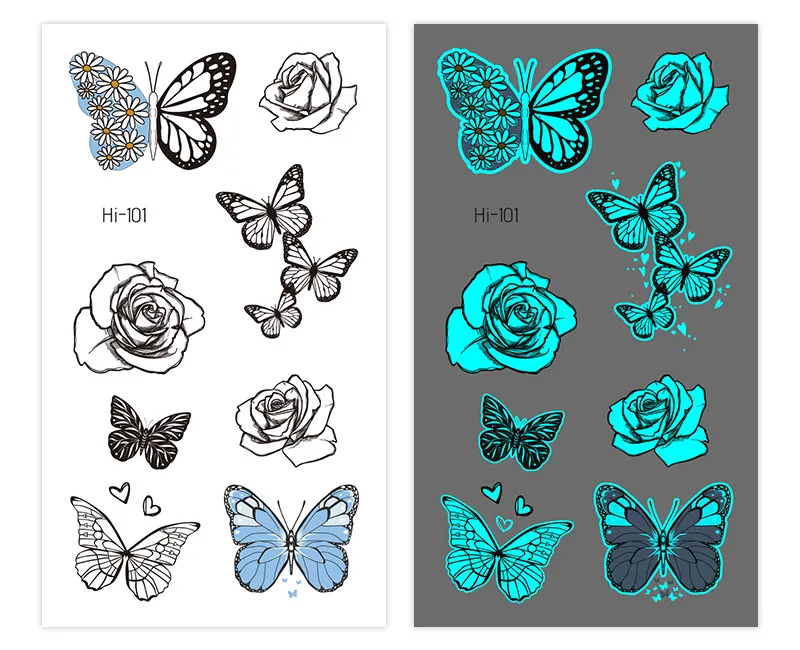 Sdrawing Luminous Glowing In Dark Tattoo Stickers Butterfly Daisy Flower Music Night Club Party Temporary Tattoos Shiny Body Art
