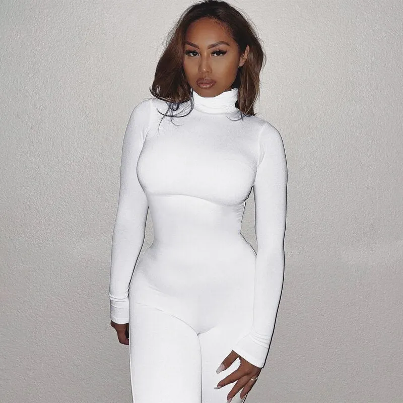 Hugcitar Long Sleeve Solid Turtleneck Skinny Bodycon Jumpsuit Autumn Winter Women Fashion Streetwear Casual Romper