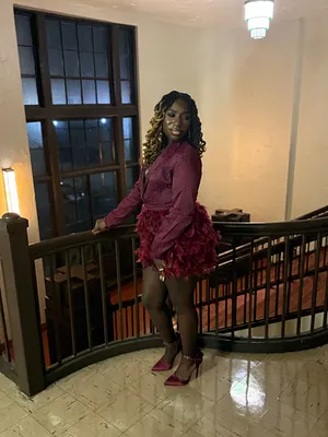 knee length dresses for ladies Love Awaits feather mini dress in Burgundy