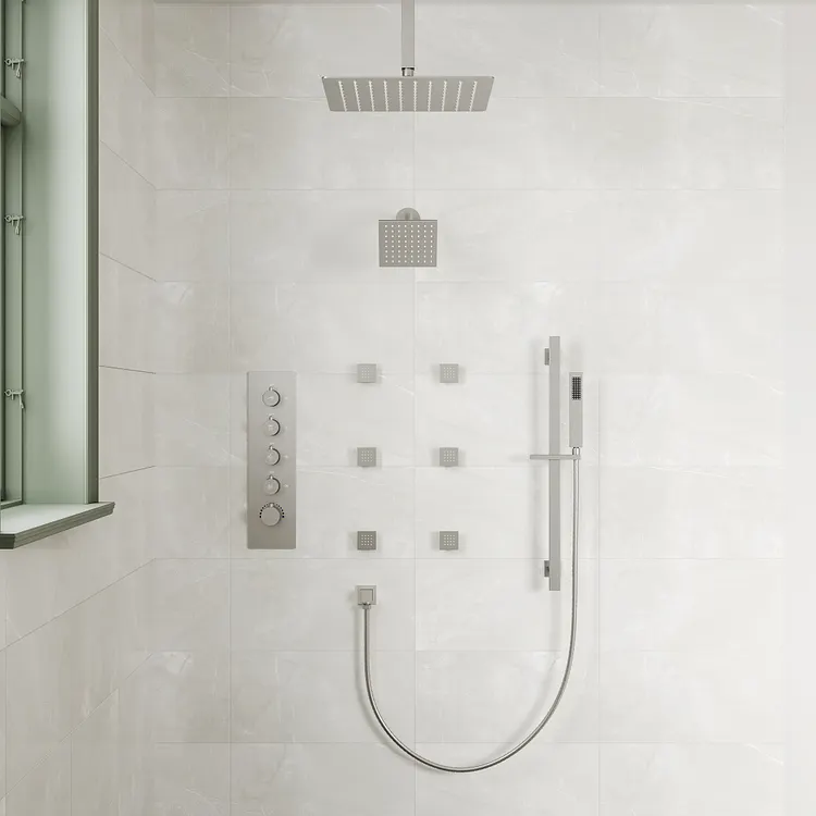 Thermostatic Rainfall Bathroom Shower System in Brushed Nickel SFS