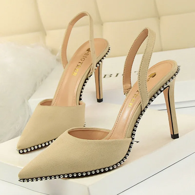 BIGTREE Shoes Rivet High Heels Woman Pumps Pu Leather Women Heels 9cm Sexy Party Shoes Black Red Apricot Wedding Shoes Female