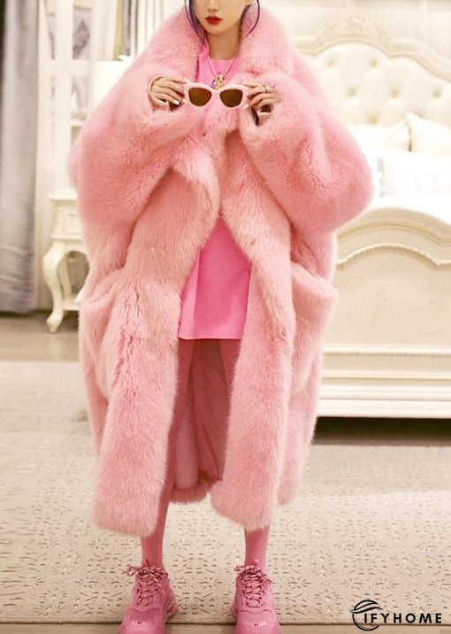 Plus Size Pink Peter Pan Collar Pockets Patchwork Fuzzy Fur Fluffy Coat Winter | IFYHOME