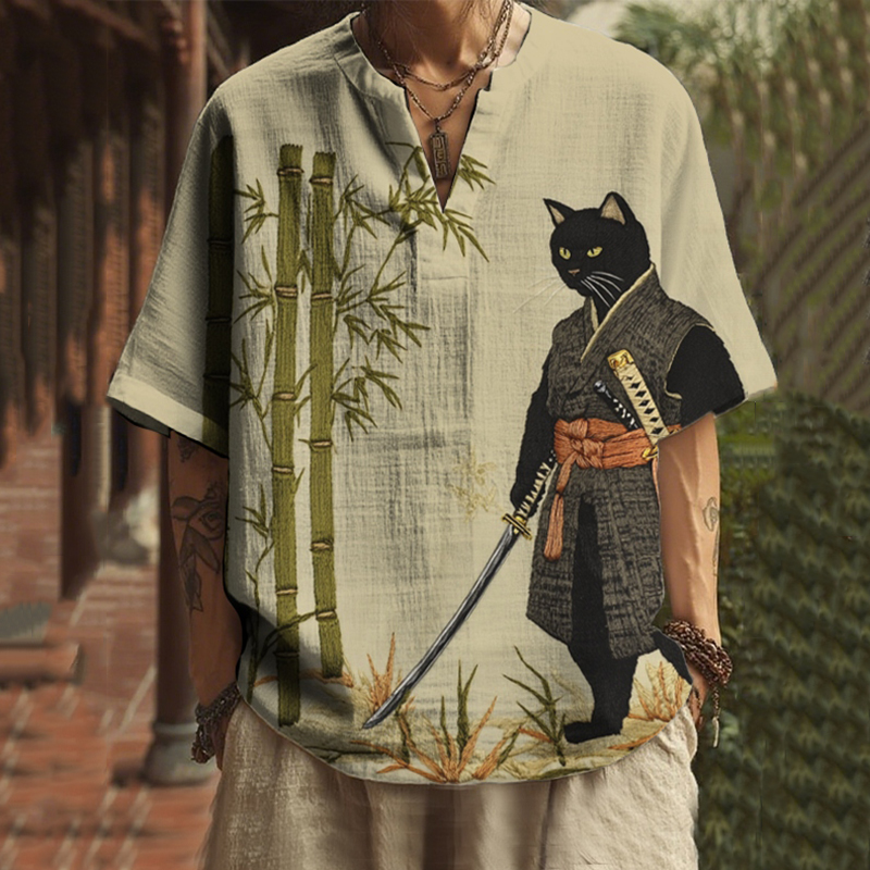 Men's Japanese Black Cat Swordsman Bamboo Embroidery Print Casual V Neck Shirt  artssus