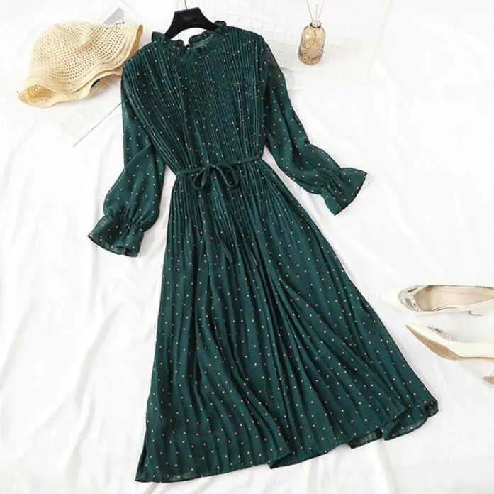 Polka Dot Print Women Chiffon Pleated Dress Sweet Flare Sleeve Party Dresses Casual Loose Lady Office Midi Dress Vestidos Mujer