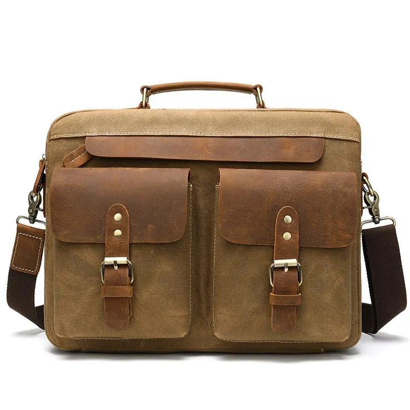 Men's Retro Handbag Leather Canvas Business 14 Inch Computer Bag Crossbody Bag