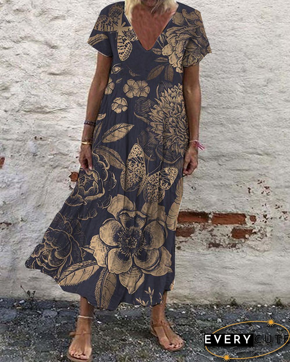 Casual Vintage Print Loose V-Neck Short Sleeve Maxi Dress