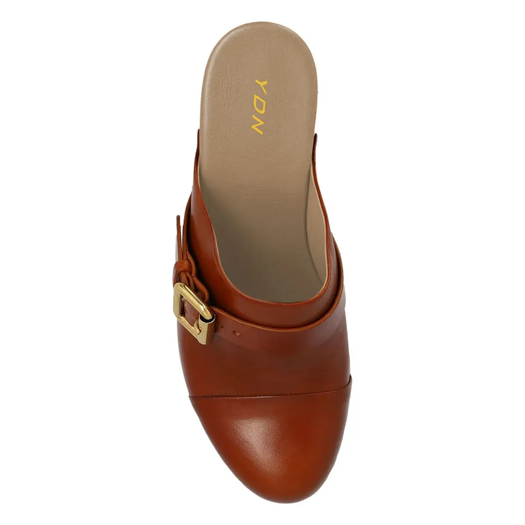 Brown Rivet Studded Buckle Strap Platform Block Heel Mules Shoes