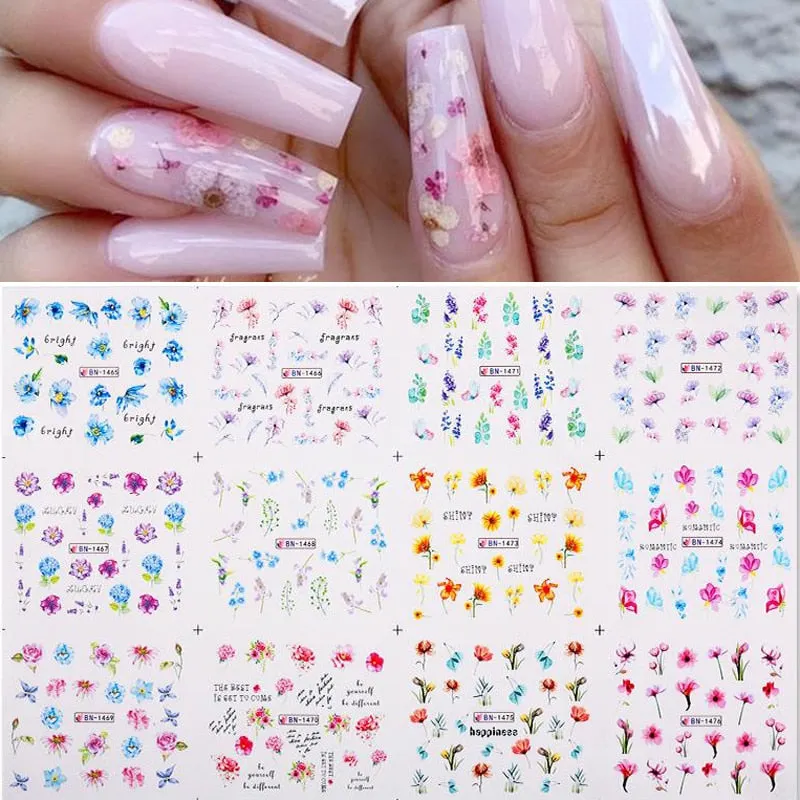 12Pcs Flower Leaf Geometric Lines Water Decals Spring Floral Butterfly Transfer Sliders Paper For Nails Decoration Manicures