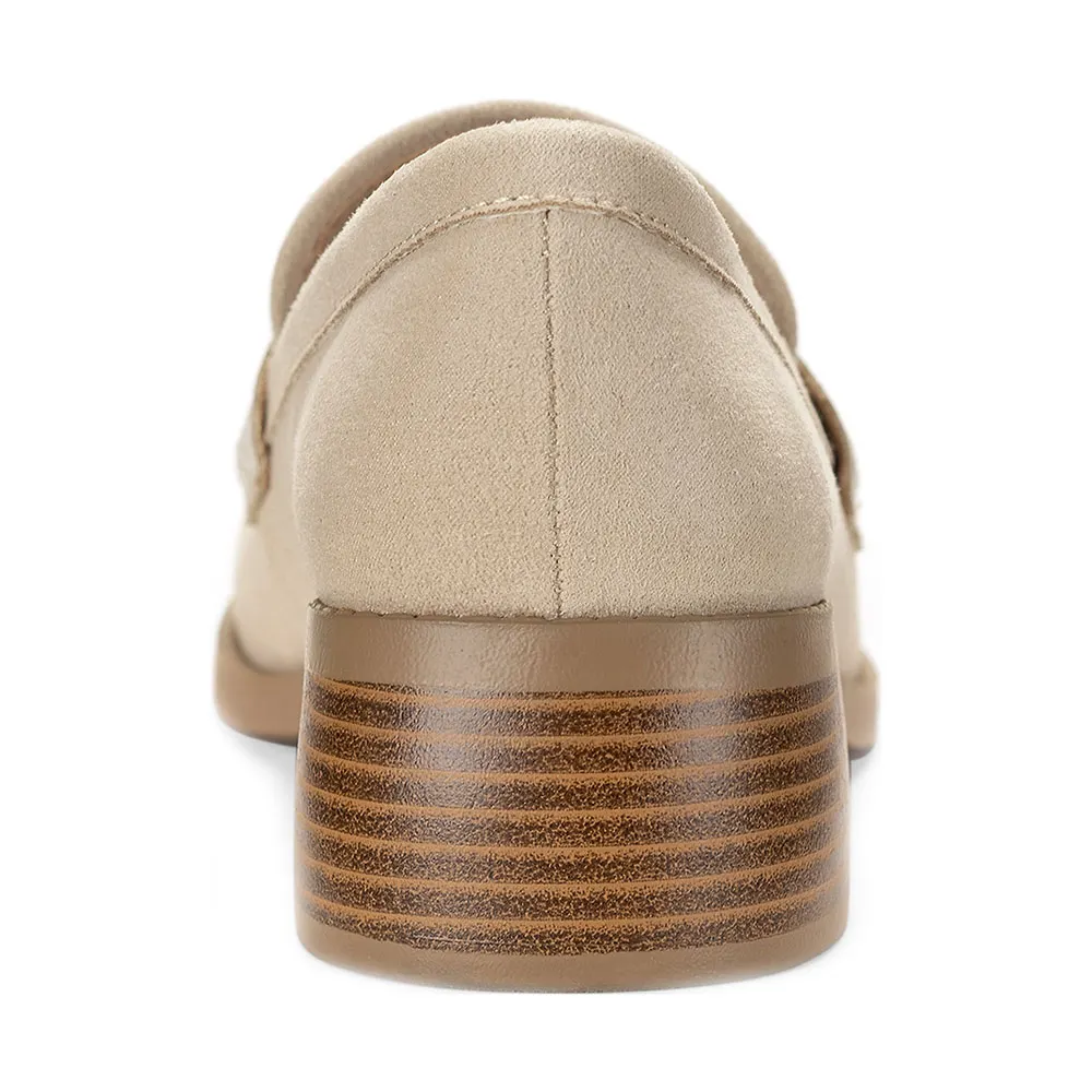Beige Round Toe Mid Block Heel Casual Slip On Loafer Shoes Women