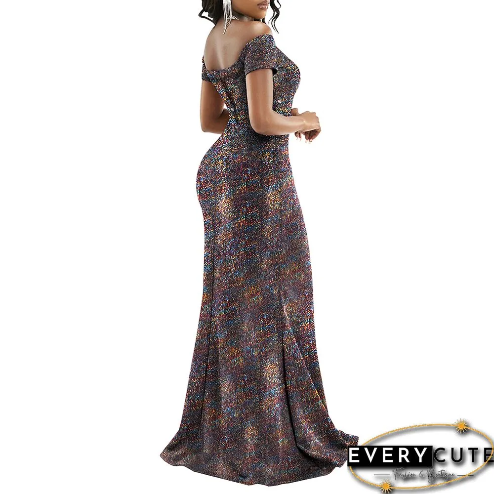 Multicolor BlingBling Off Shoulder Split Evening Dress