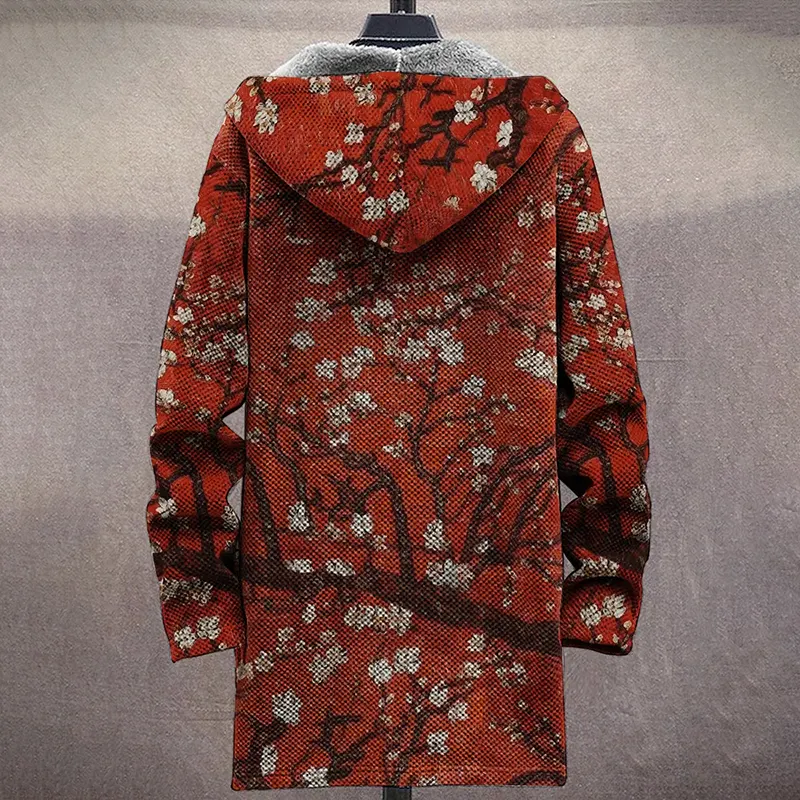 Men's Plum Bossom Print Hooded Two-Pocket Fleece Cardigan Jacket