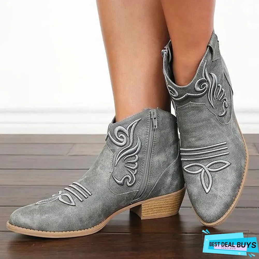 Embroidery Zipper Vintage Round Toe Boots