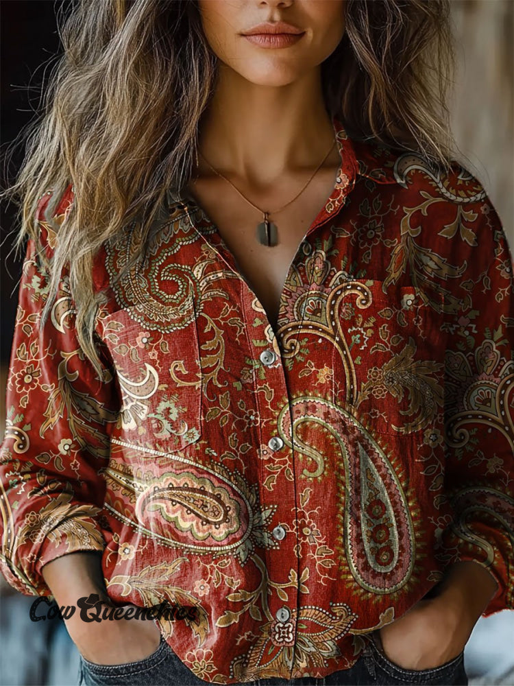 Women&rsquo;s Vintage Print Casual Long Sleeve Comfortable Cotton Shirt Multicolor / S