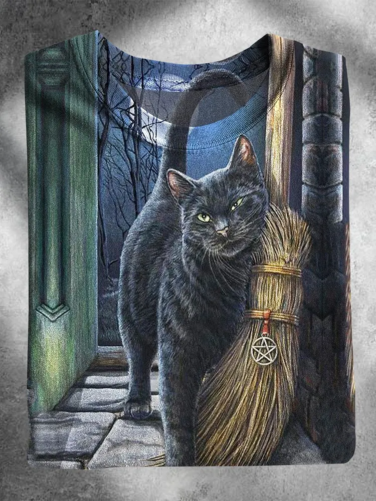 Black Cat Broom Halloween T-shirt