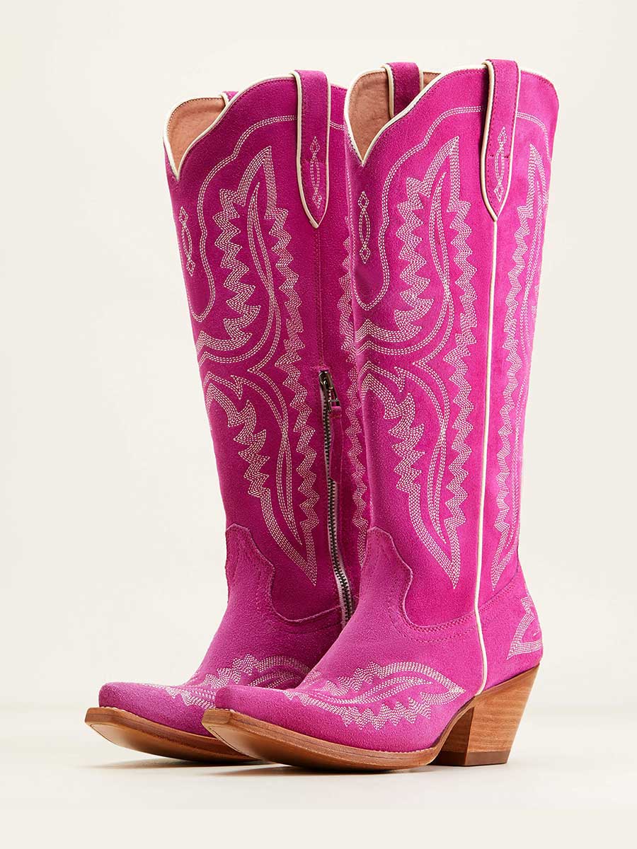 Fuchsia Faux Suede Knee High Cowgirl Boots with Side Zipper Detail and Embroidery