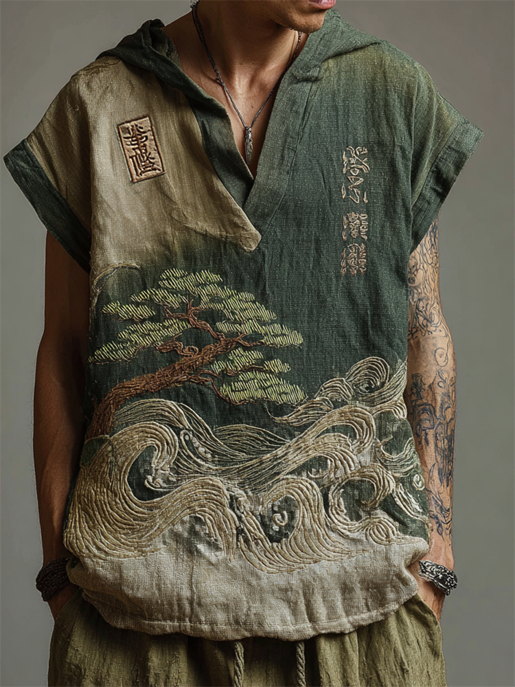 Men's Japanese Pine Tree Sea Waves Embroidered Gradient Linen Tank Top