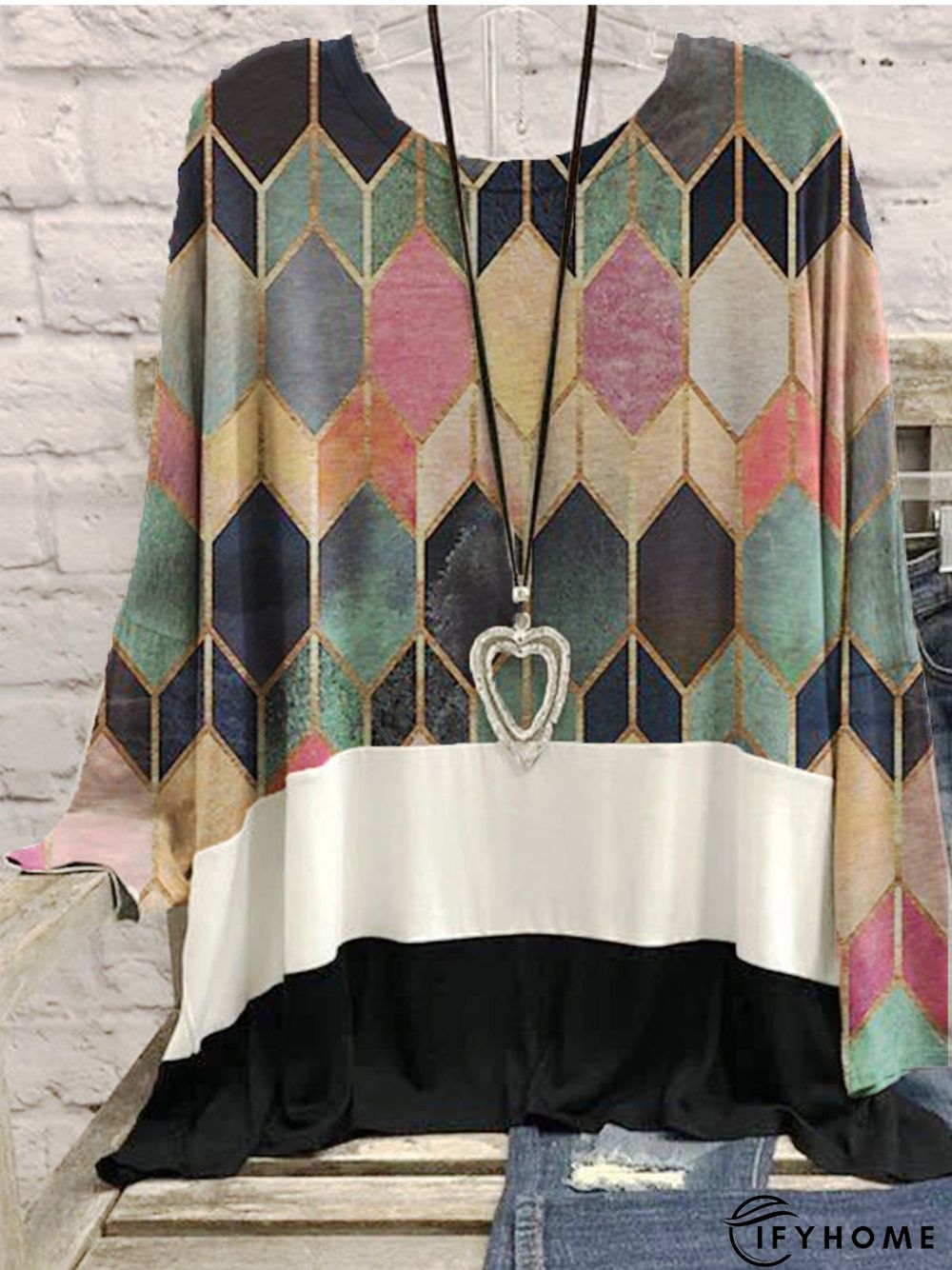 Printed Cotton-Blend Casual Long Sleeve Tunic T-Shirt | IFYHOME