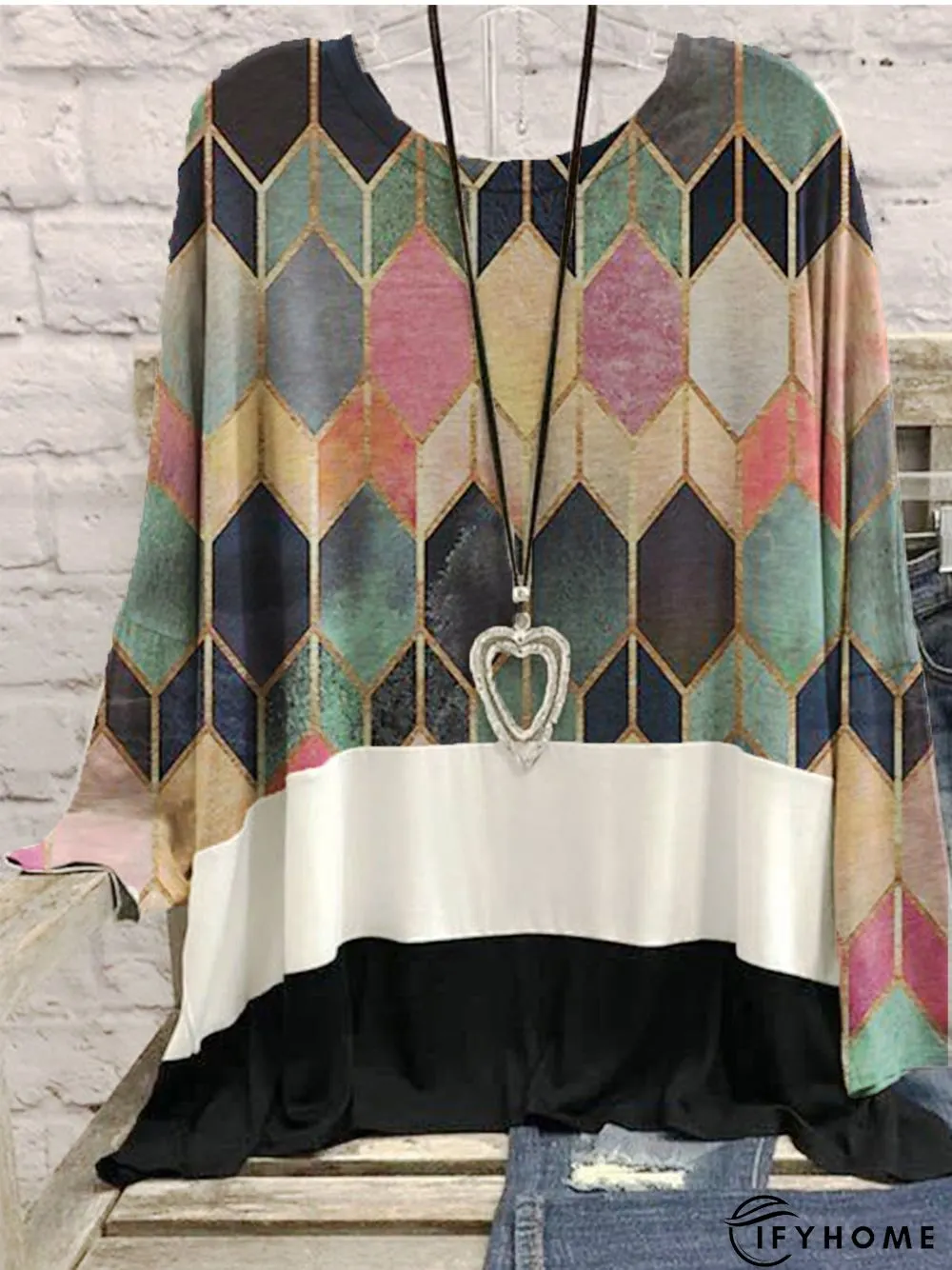 Printed Cotton-Blend Casual Long Sleeve Tunic T-Shirt | IFYHOME