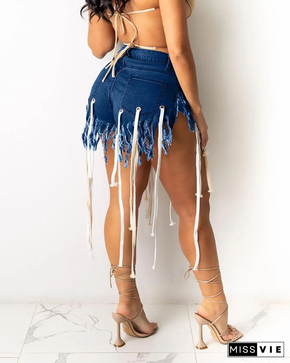Fringed High Waist Eyelet Denim Shorts