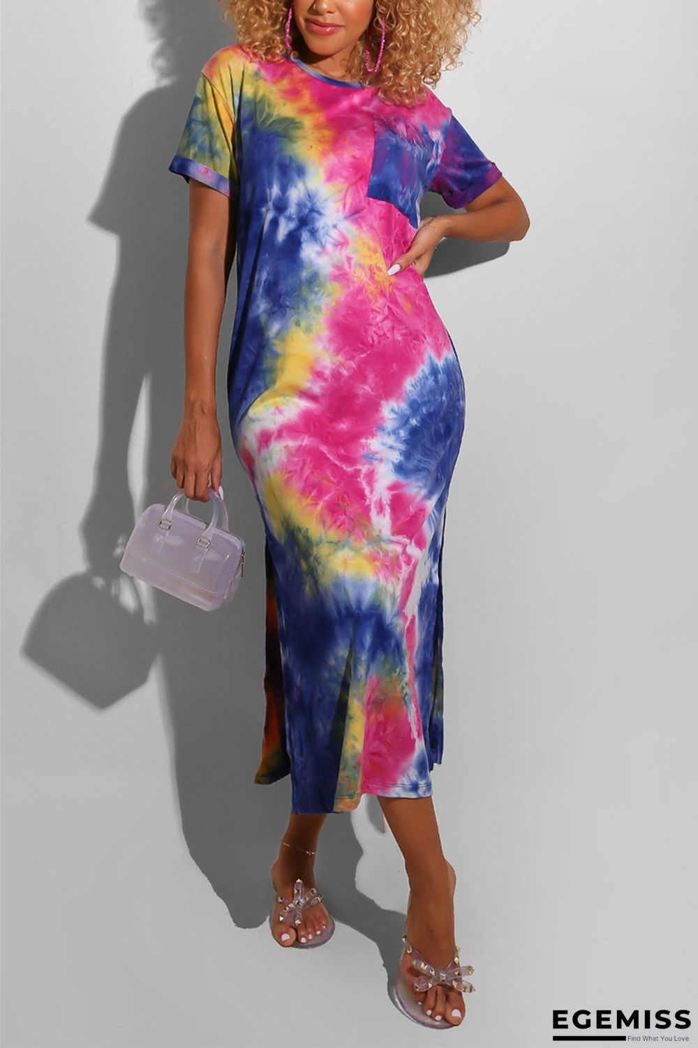 Blue Europe and America Short Sleeves O neck Pencil Dress Ankle-Length Print Tie and dye Dresses | EGEMISS