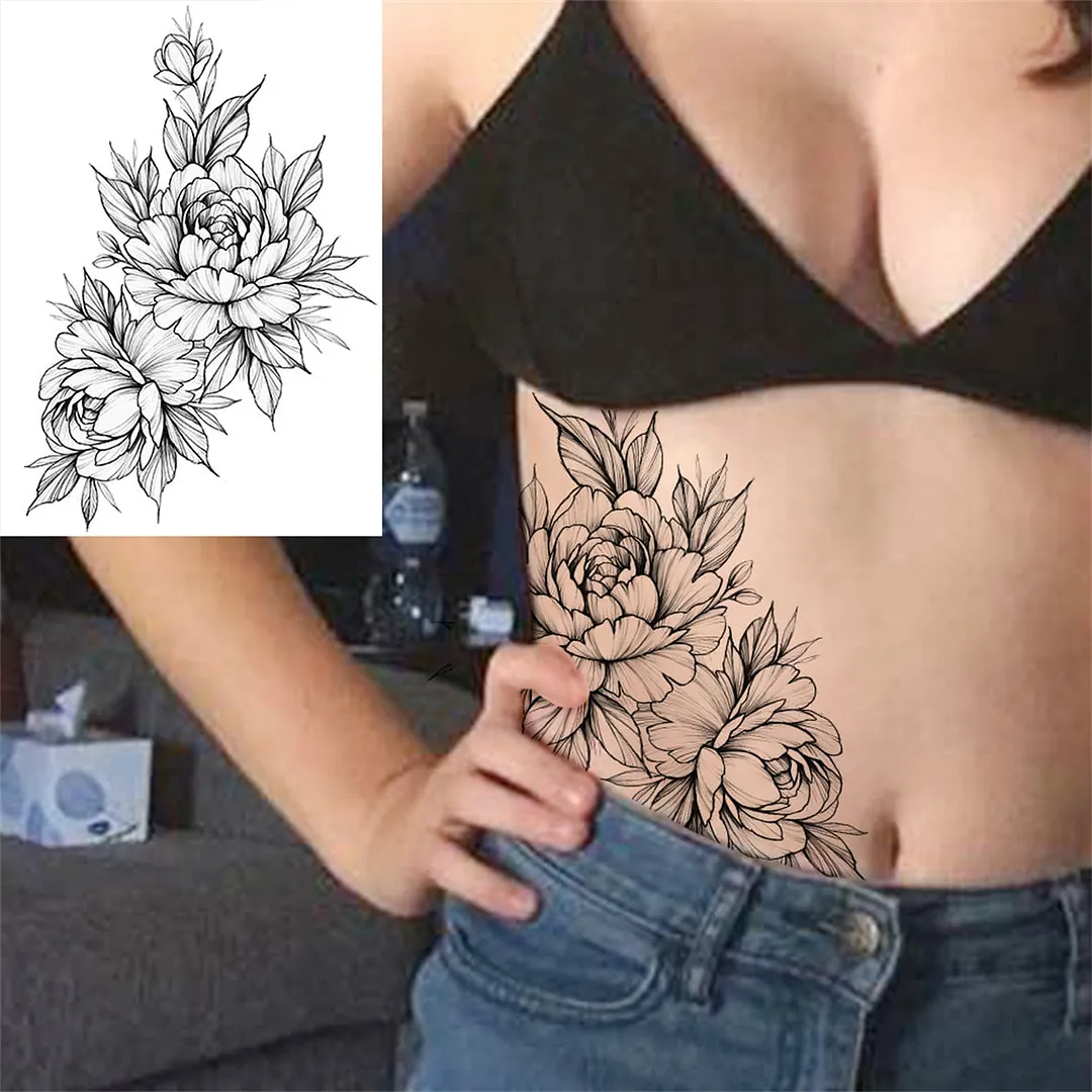 Flower Compass Temporary Tattoo For Women Girls Adult Rose Peony Tattoos Sticker Fake Black Floral Body Art Thigh Tatoos Paper