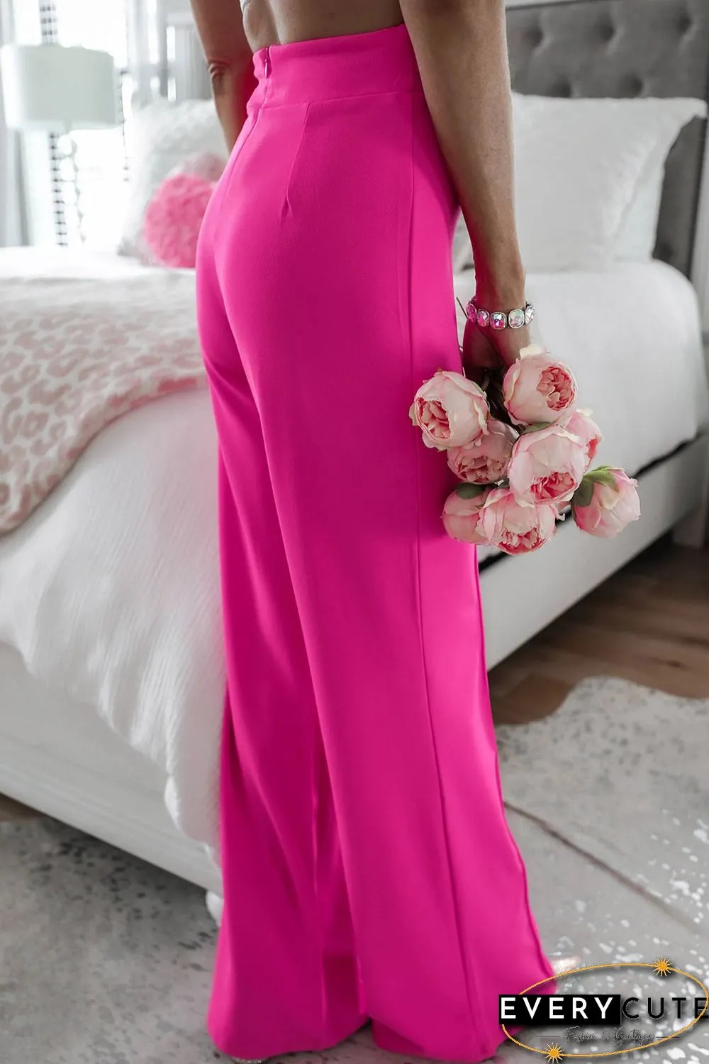 Rose Rhinestone Buckle Sash Wide Leg Pants