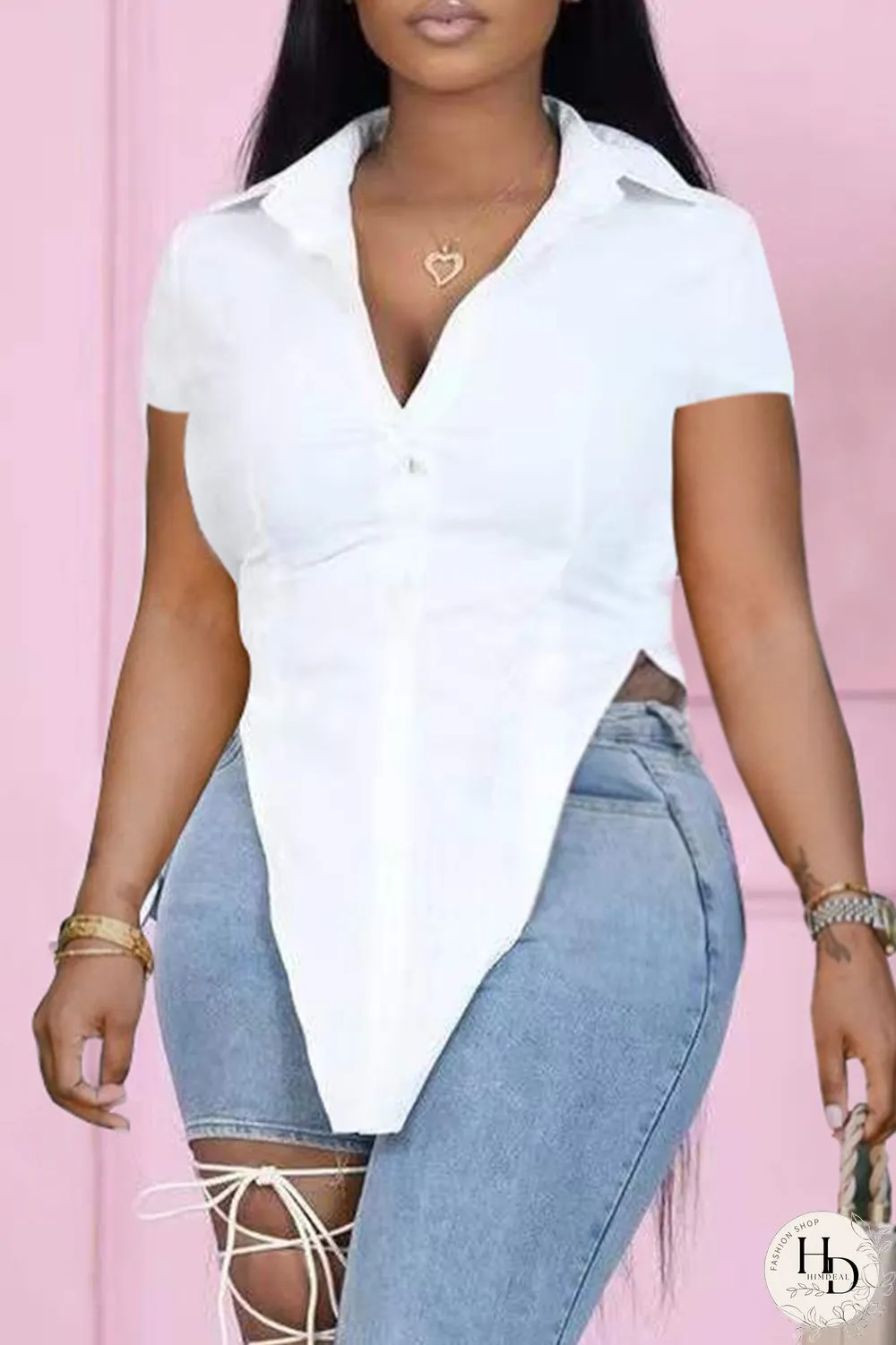 Sky Blue Fashion Casual Solid Asymmetrical Turndown Collar Tops