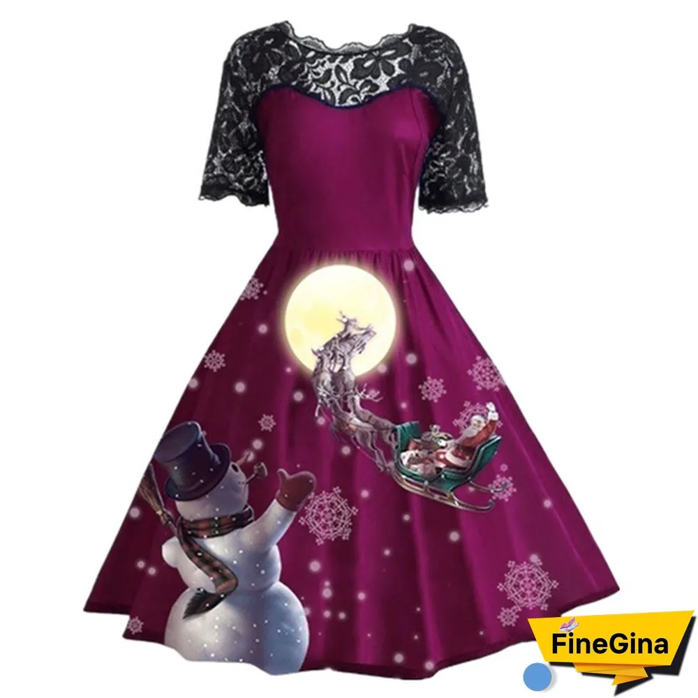 Plus Size Fashion Women Pumpkin Snowflake Print Dress Short Sleeve Lace Dress Christmas Halloween Costume Knee Length Party Dresses
