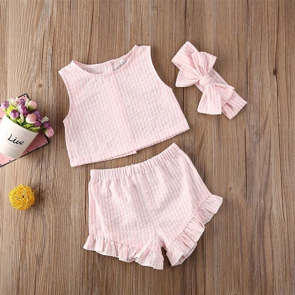 2020 Baby Summer Clothing Baby Girls Kids Sister Match Sleeveless Outfit Tank Top+ Shorts Pants Headband 3PCS Clothes Set