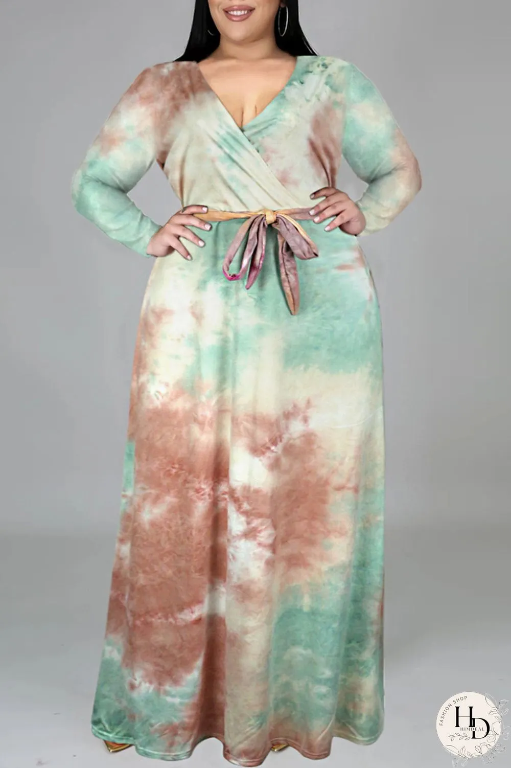 Colour Fashion Casual Print Tie-dye V Neck Long Sleeve Plus Size Dress