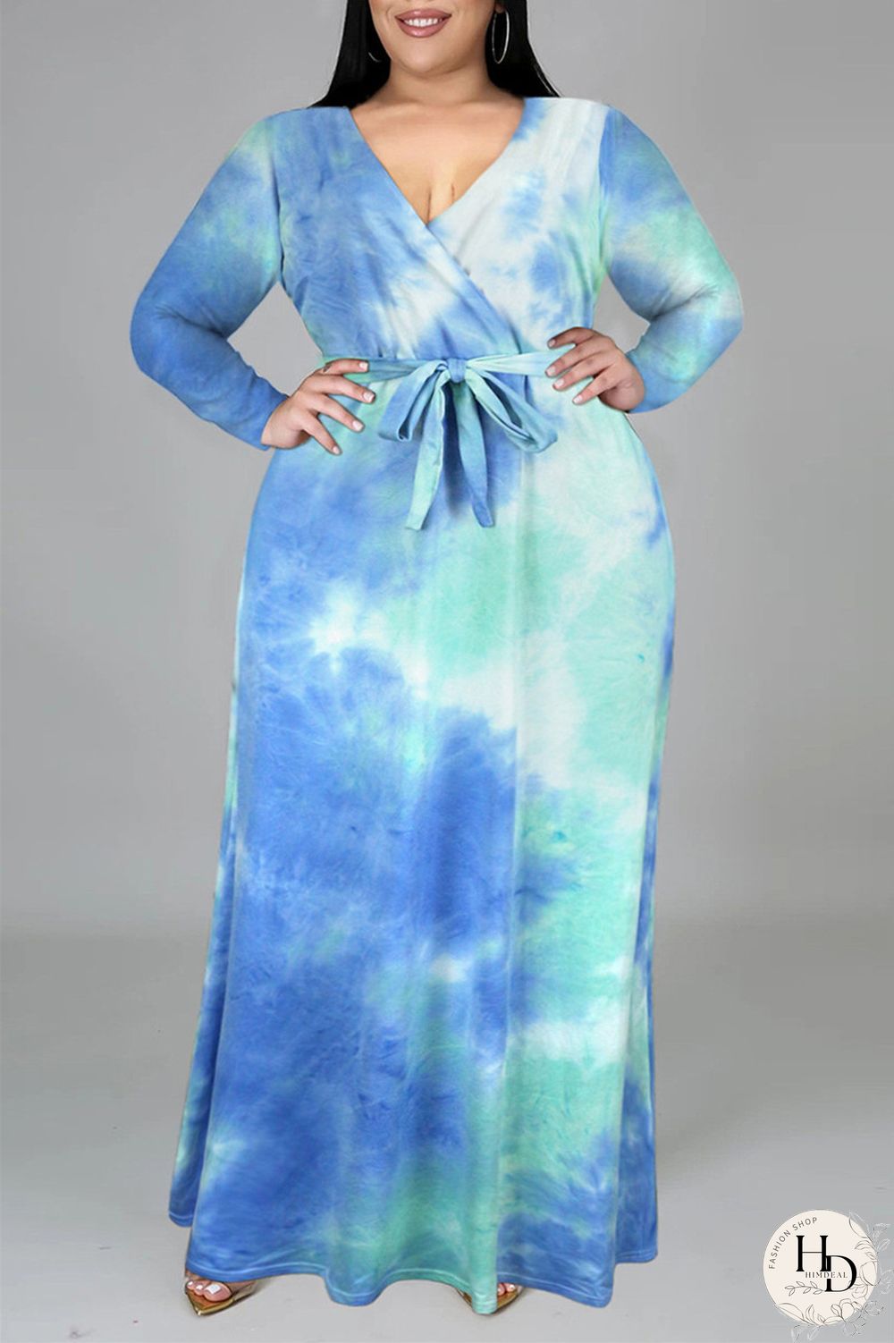 Colour Fashion Casual Print Tie-dye V Neck Long Sleeve Plus Size Dress