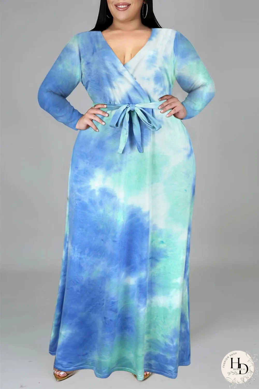 Colour Fashion Casual Print Tie-dye V Neck Long Sleeve Plus Size Dress