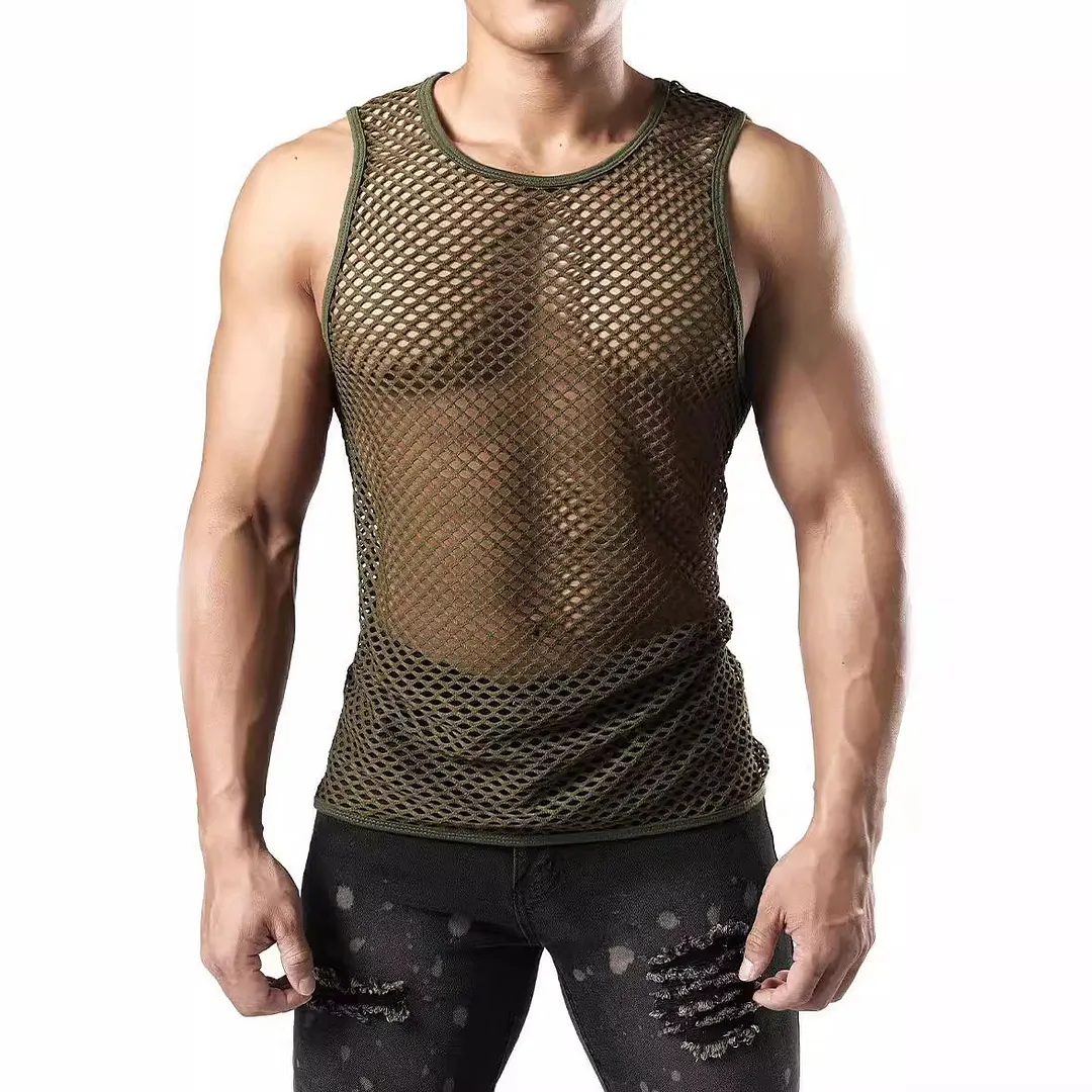 Brownm Brownm New Men's Casual Knit Vest Men's Hollow Out Solid Color Round Collar Sunscreen Clothing Men's Jacket
