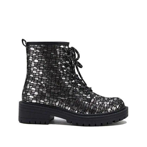 Women Sexy Sequin Lace-Up Ankle Chunky Heel Boots