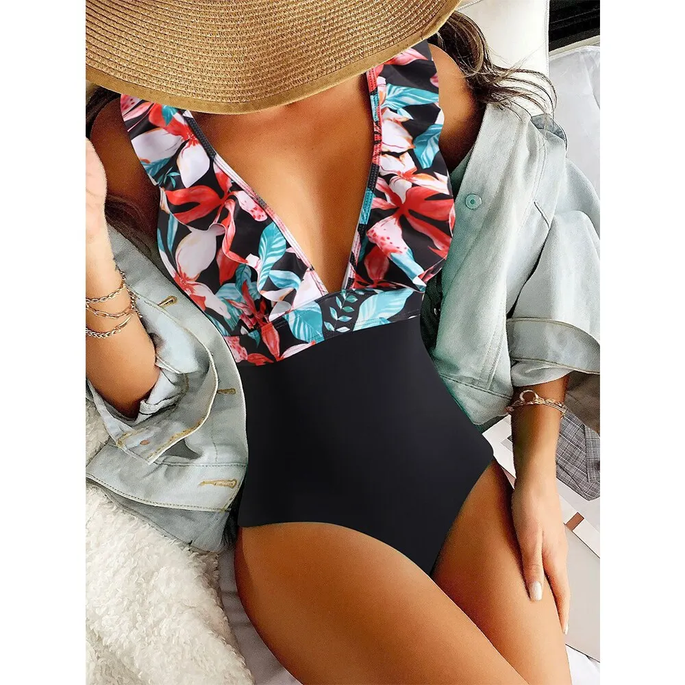 2022 New Sexy Ruffle One Piece Swimsuit Off The Shoulder Print Floral Swimwear Women Solid Deep-V Bathing Suits Summer Beachwear