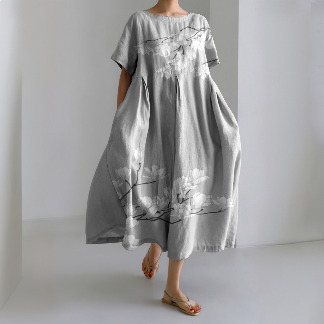 Magnolia Flower Japanese Linen Blend Maxi Dress