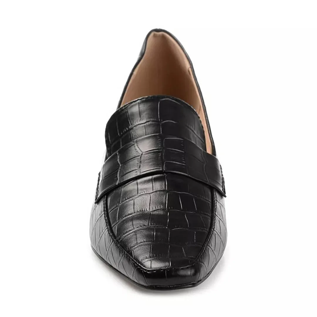 Classic Black Square Toe Crocodile Embossed Kitten Heeled Loafers
