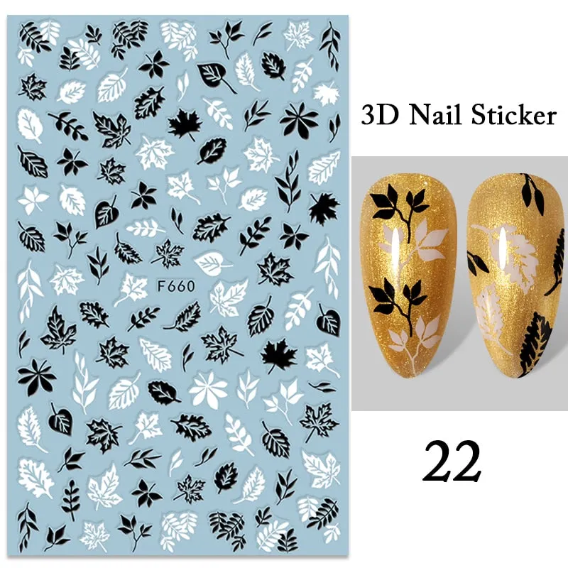 1PC iridescent Gold Black White 3D Nail Sticker Leaves Geometric Tropical Beach Decals DIY Slider Decoration Manicures-Nail Inspo