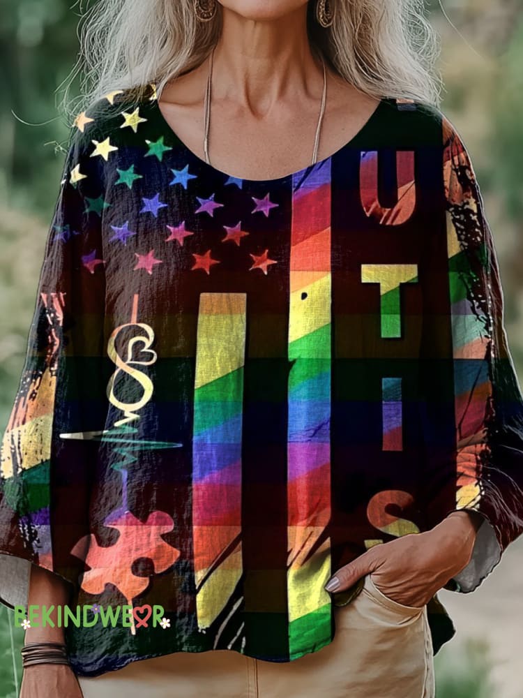 Autism Flag Print Casual Crew Neck Cotton Top Multicolor / S